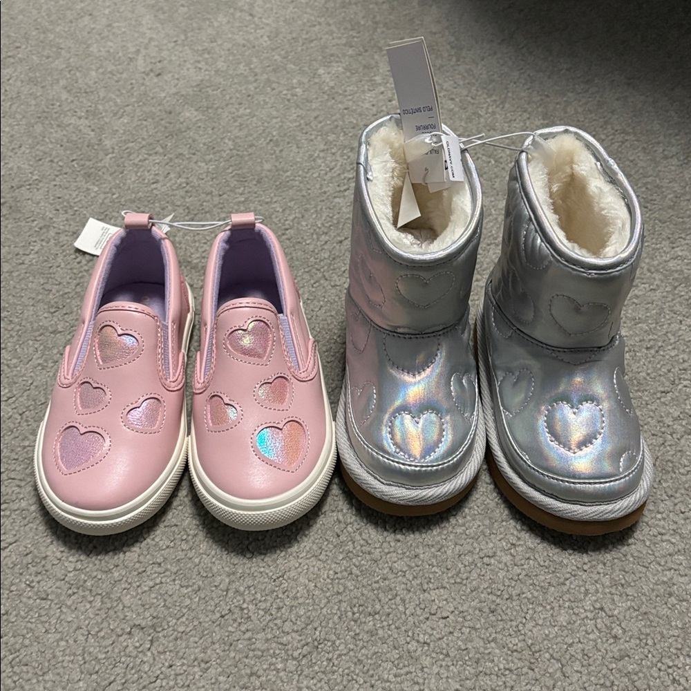 Old Navy Pink Heart toddler girls Sneakers (7) and silver boots (6)